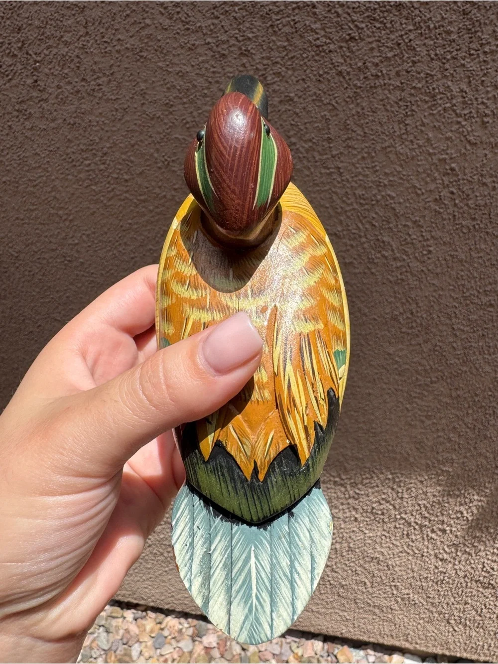 Hand-Painted Wooden Duck Figurine - Brown & Green